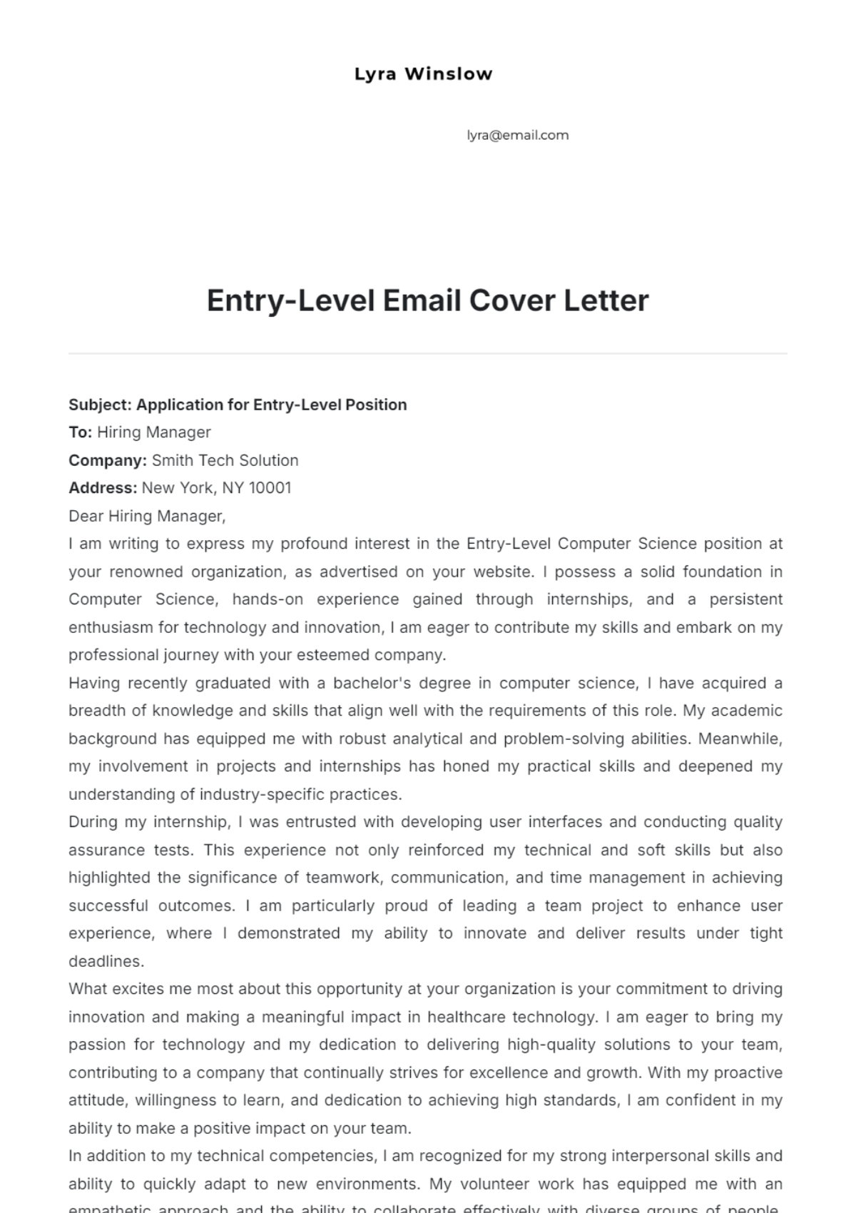 Entry-Level Email Cover Letter - Edit Online & Download