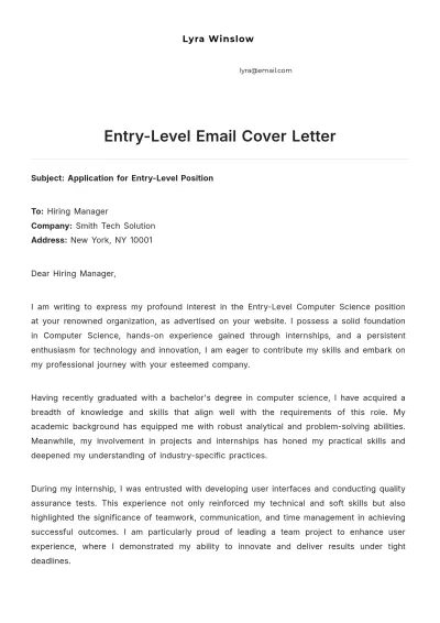 Free Entry-Level Email Cover Letter to Edit Online