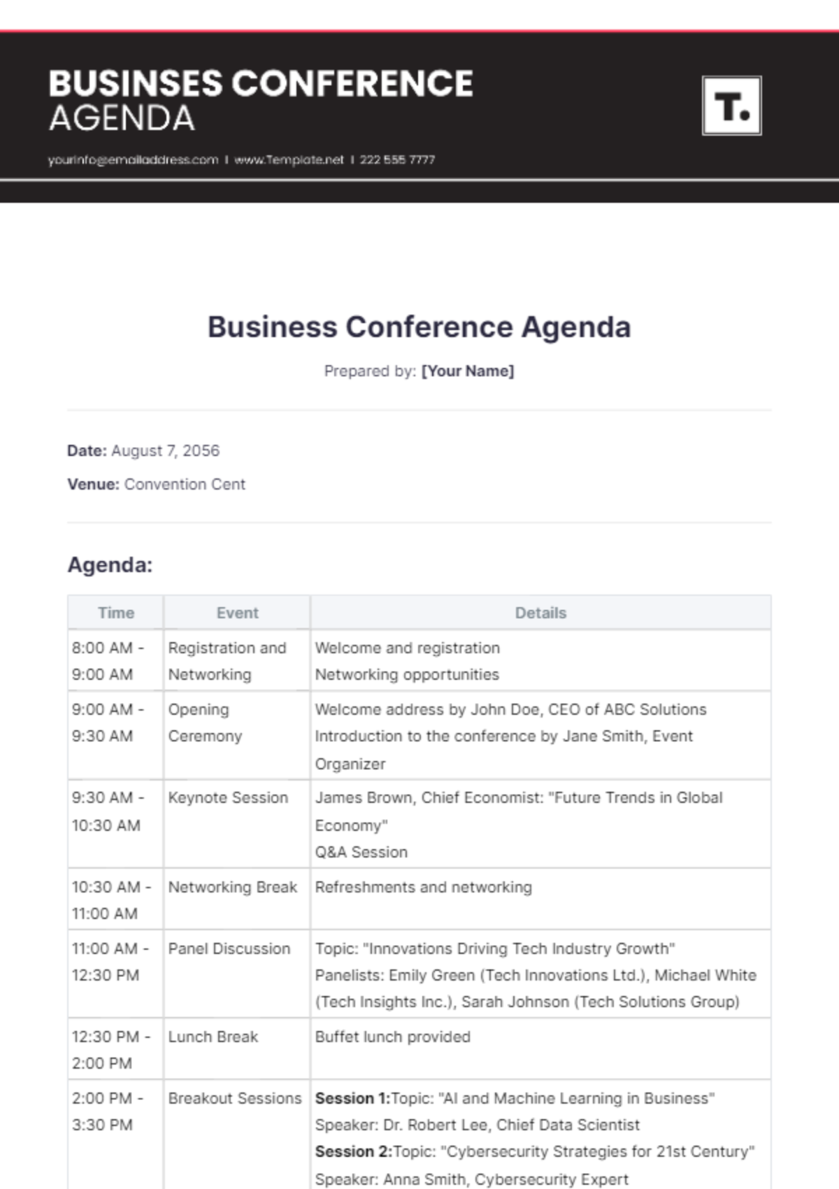 Business Conference Agenda Template - Edit Online & Download