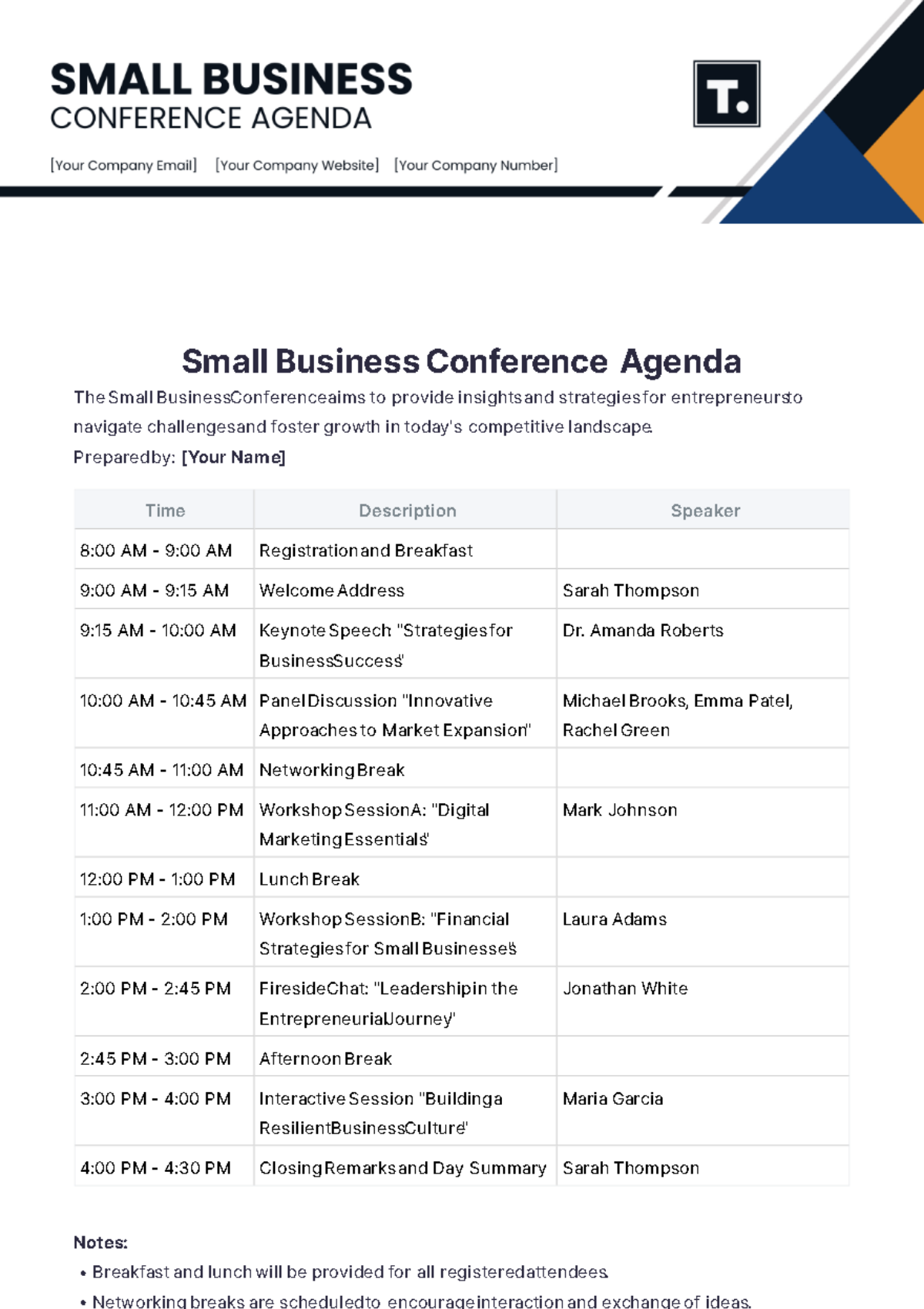 Small Business Conference Agenda Template - Edit Online & Download