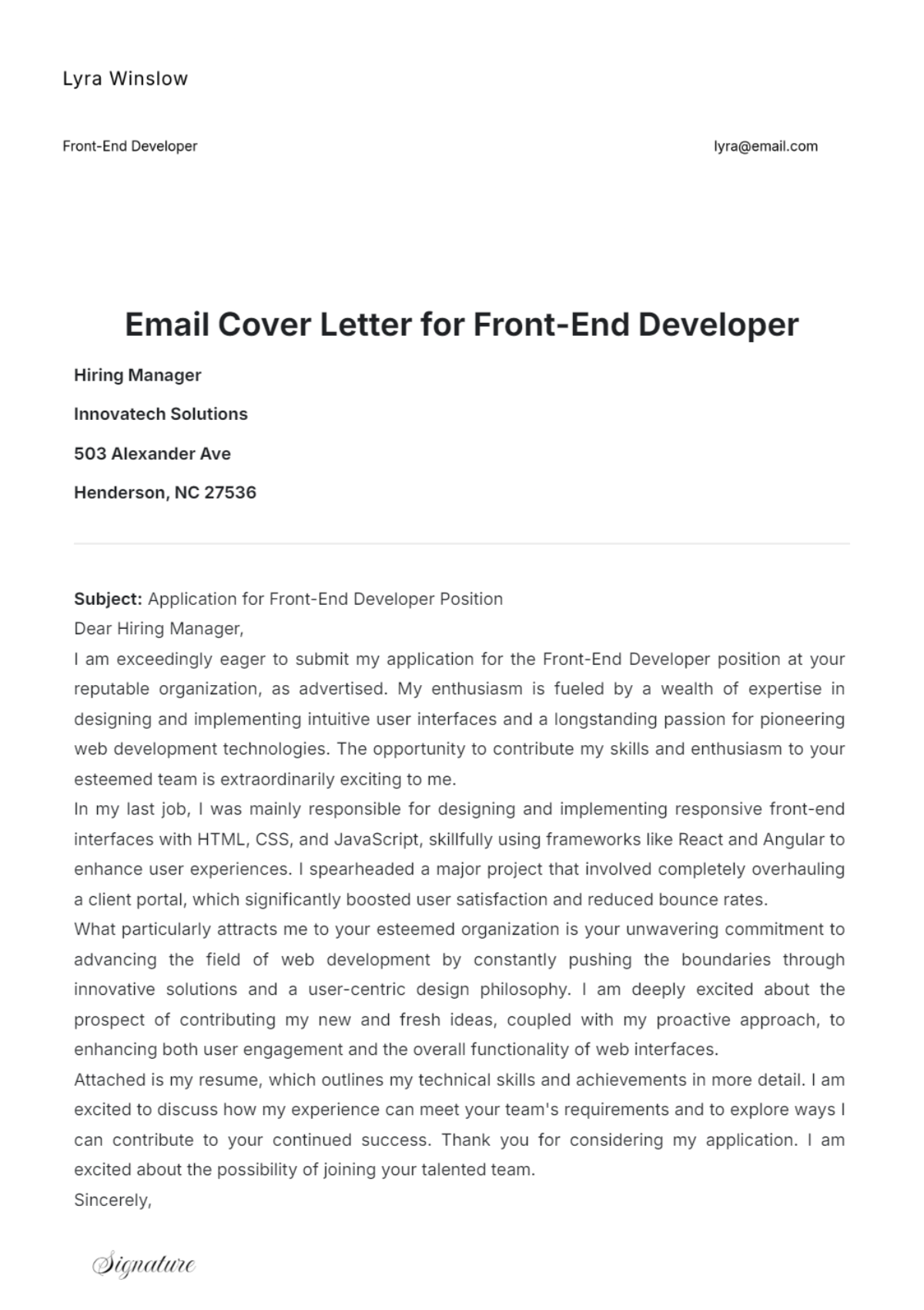 Email Cover Letter for Front-End Developer - Edit Online & Download