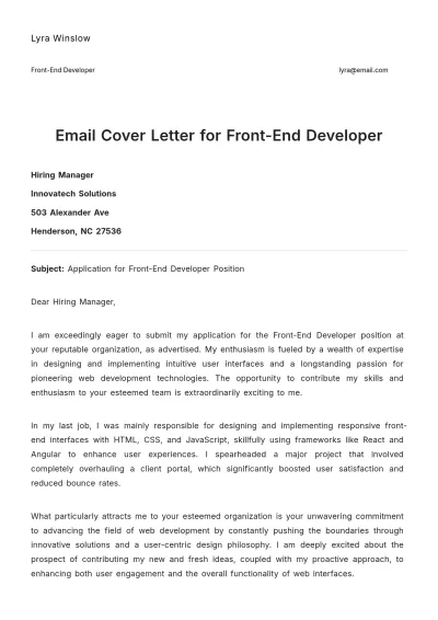 Free Email Cover Letter for Front-End Developer to Edit Online