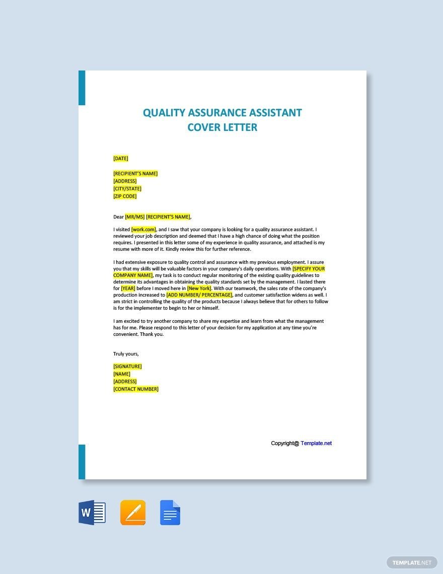 Quality Assurance Assistant Cover Letter