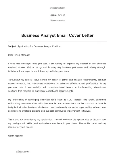 Free Business Analyst Email Cover Letter to Edit Online