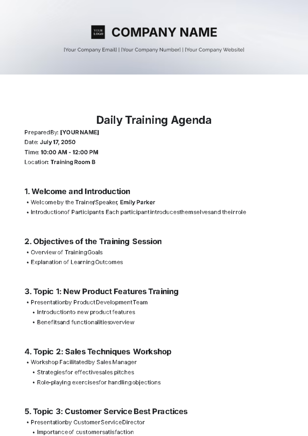 Simple Training Agenda Template - Edit Online & Download