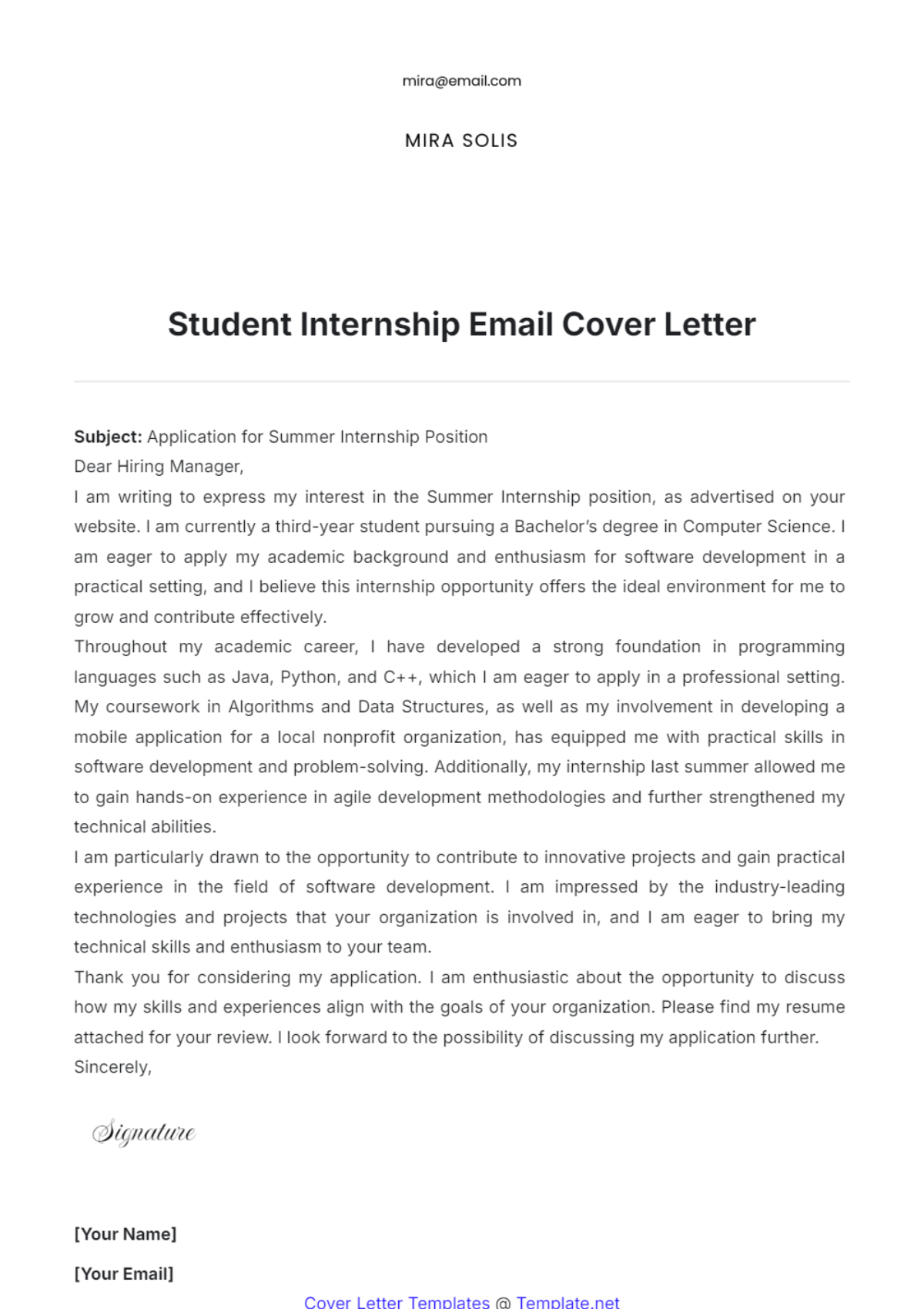 Student Internship Email Cover Letter