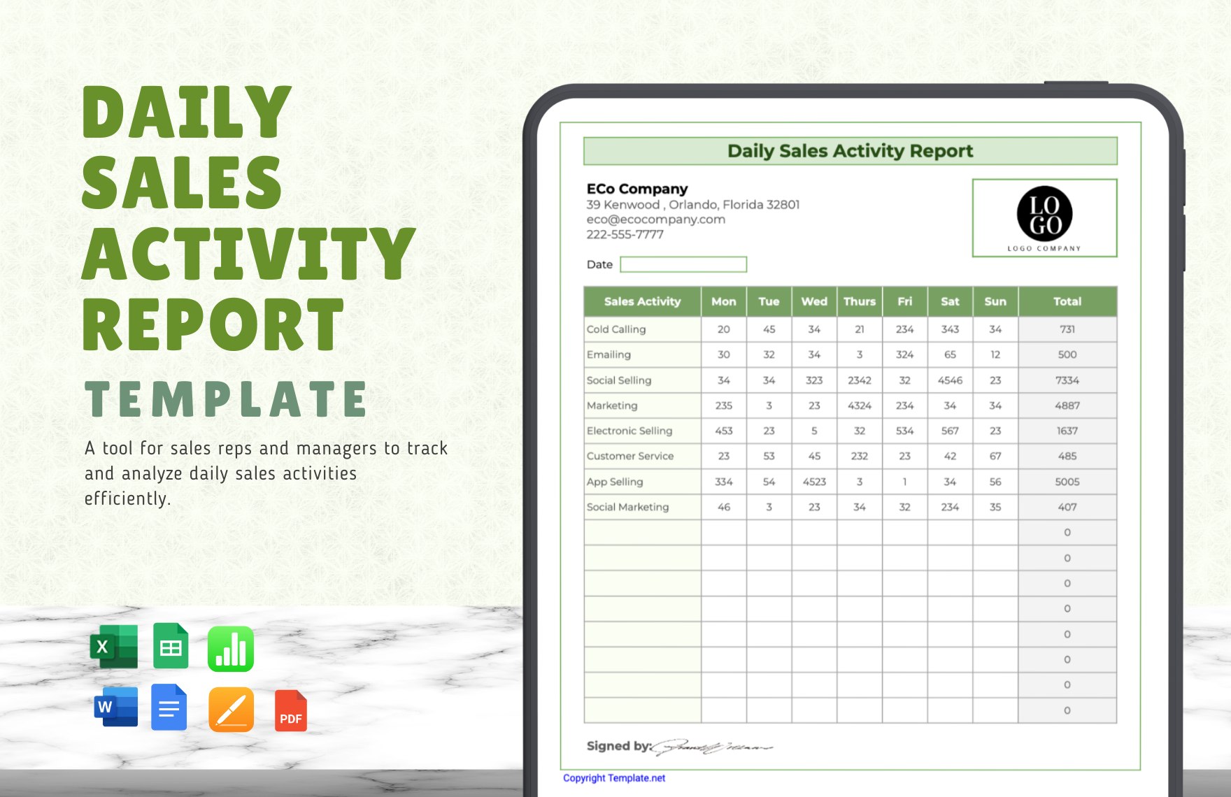 Daily Sales Activity Report Template in Word, Google Docs, Excel, PDF, Google Sheets, Apple Pages, Apple Numbers