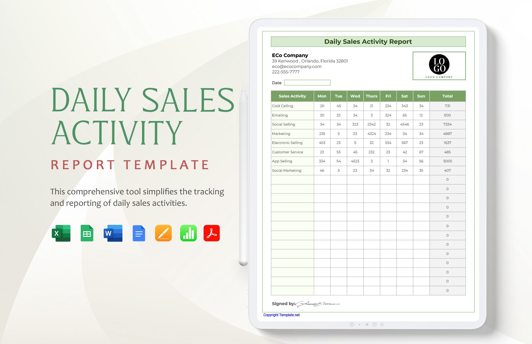 Daily Sales Activity Report Template in Word, Google Docs, Excel, PDF, Google Sheets, Apple Pages, Apple Numbers