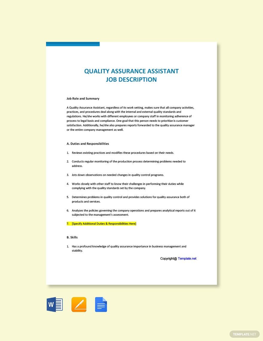 Quality Assurance Assistant Job Description
