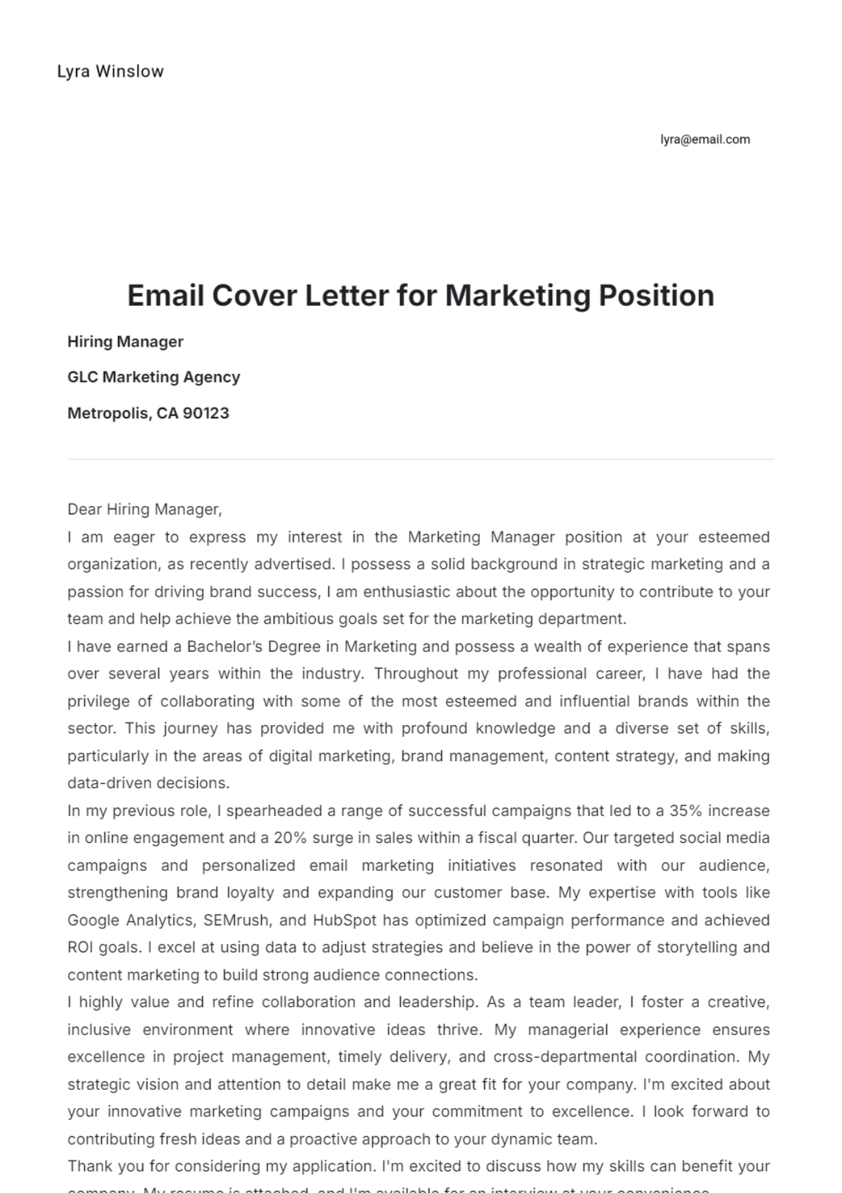 Email Cover Letter for Marketing Position