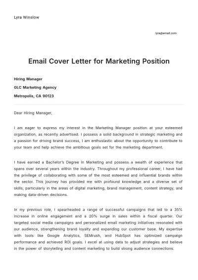 Free Email Cover Letter for Marketing Position to Edit Online