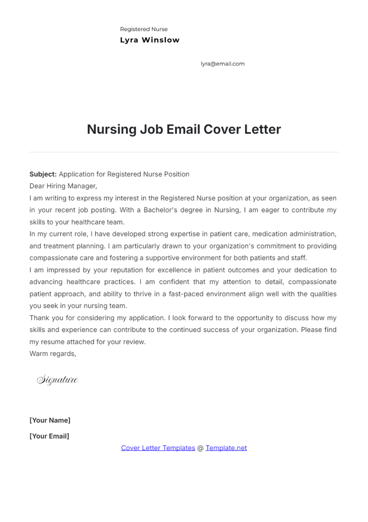 Nursing Job Email Cover Letter