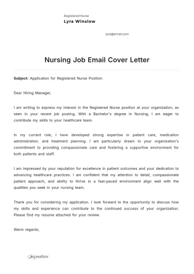 Free Nursing Job Email Cover Letter to Edit Online