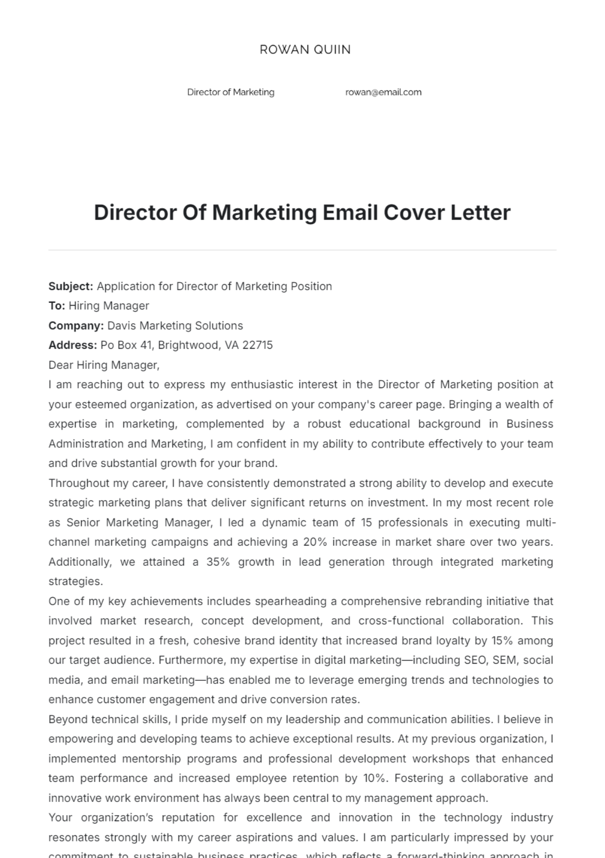 Director Of Marketing Email Cover Letter - Edit Online & Download