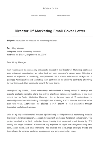 Free Director Of Marketing Email Cover Letter to Edit Online