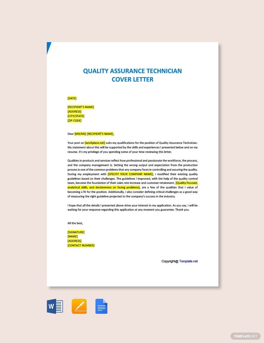 Quality Assurance Technician Cover Letter