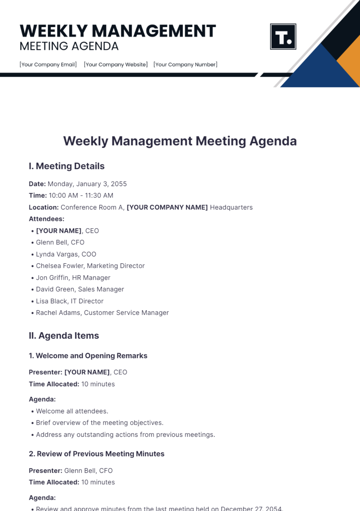 Weekly Management Meeting Agenda Template - Edit Online & Download