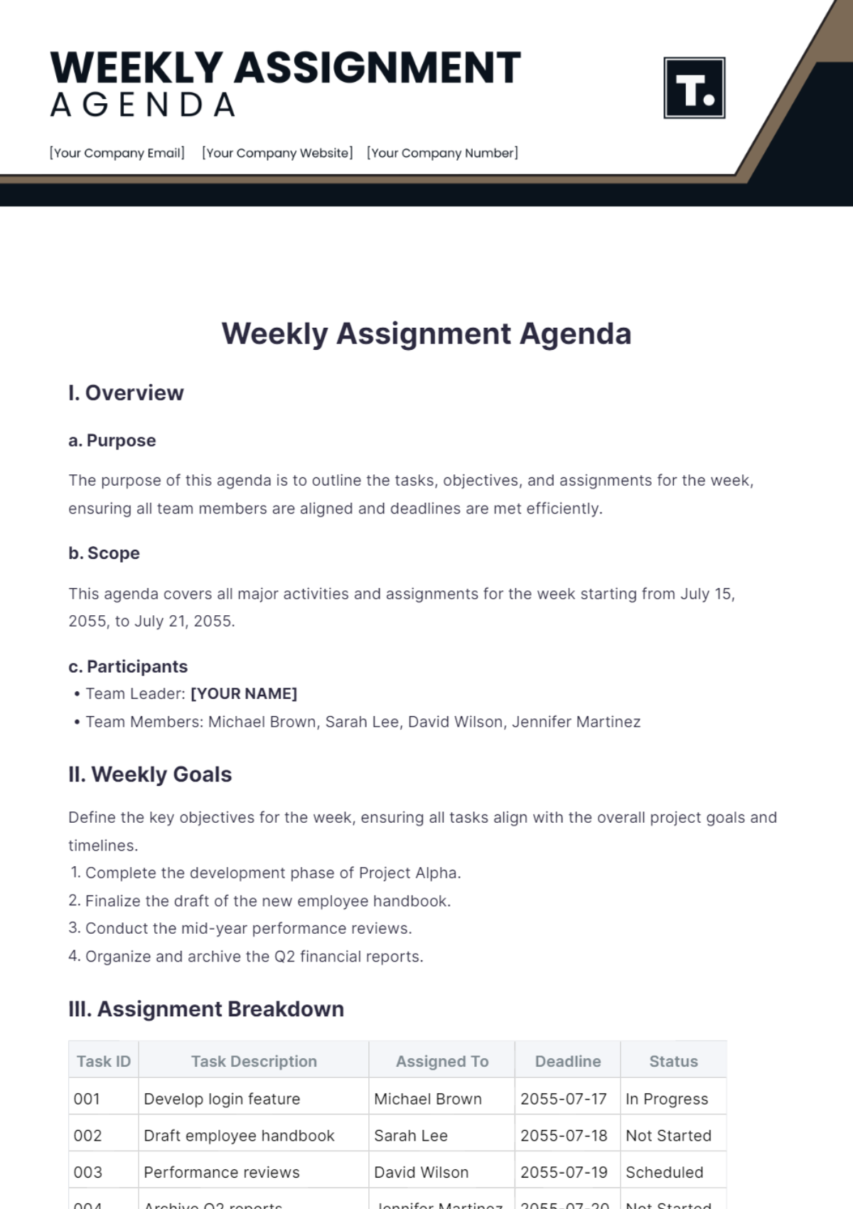 Weekly Assignment Agenda Template - Edit Online & Download