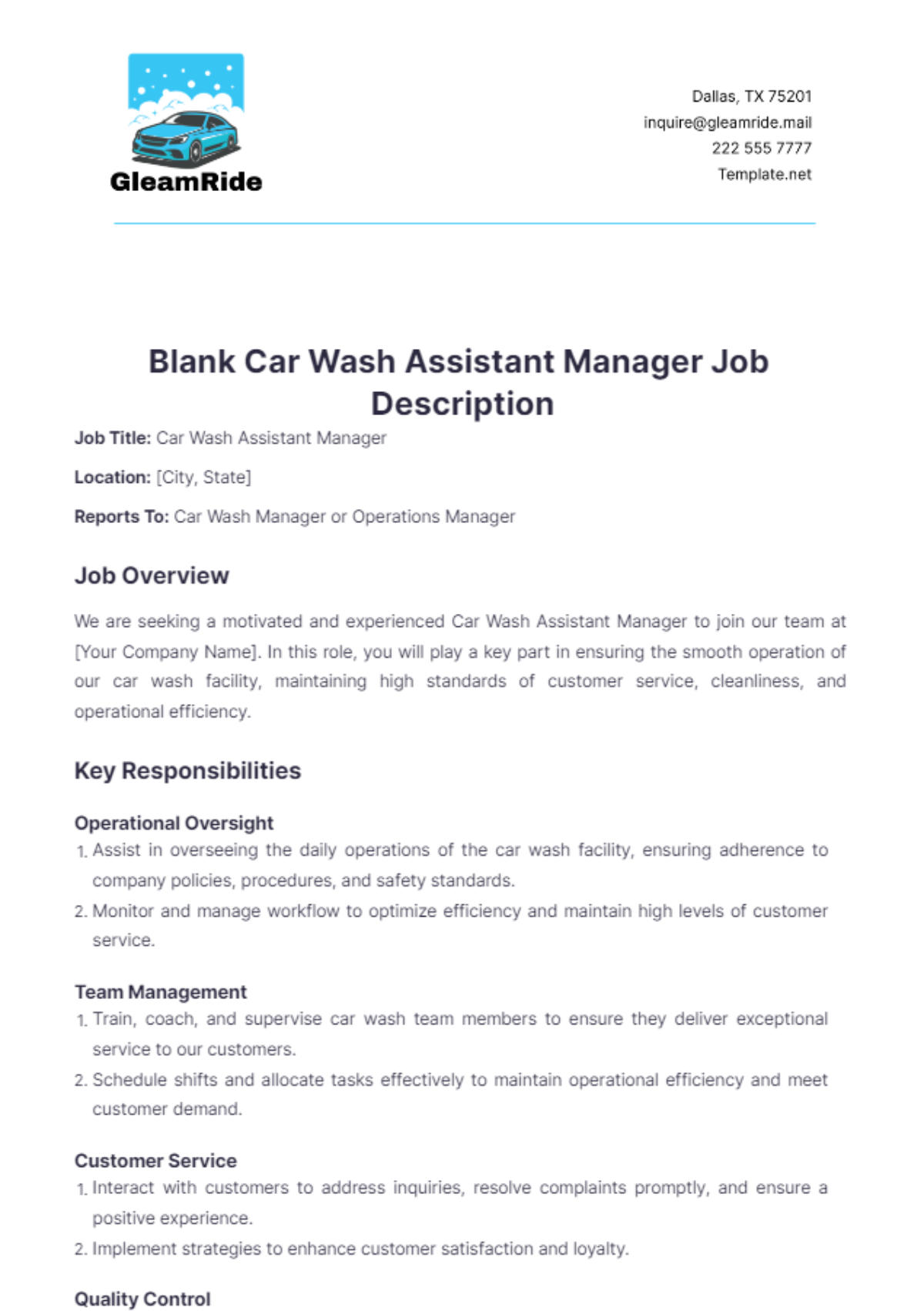 Blank Car Wash Assistant Manager Job Description Template - Edit Online & Download