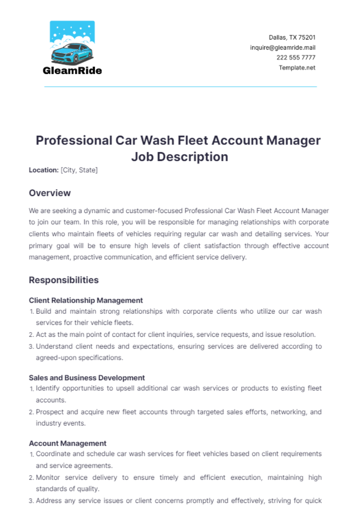 Professional Car Wash Fleet Account Manager Job Description Template - Edit Online & Download