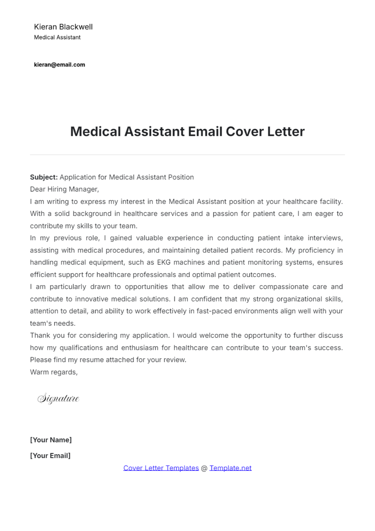 Medical Assistant Email Cover Letter