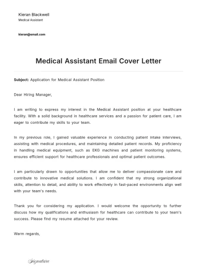 Free Medical Assistant Email Cover Letter to Edit Online