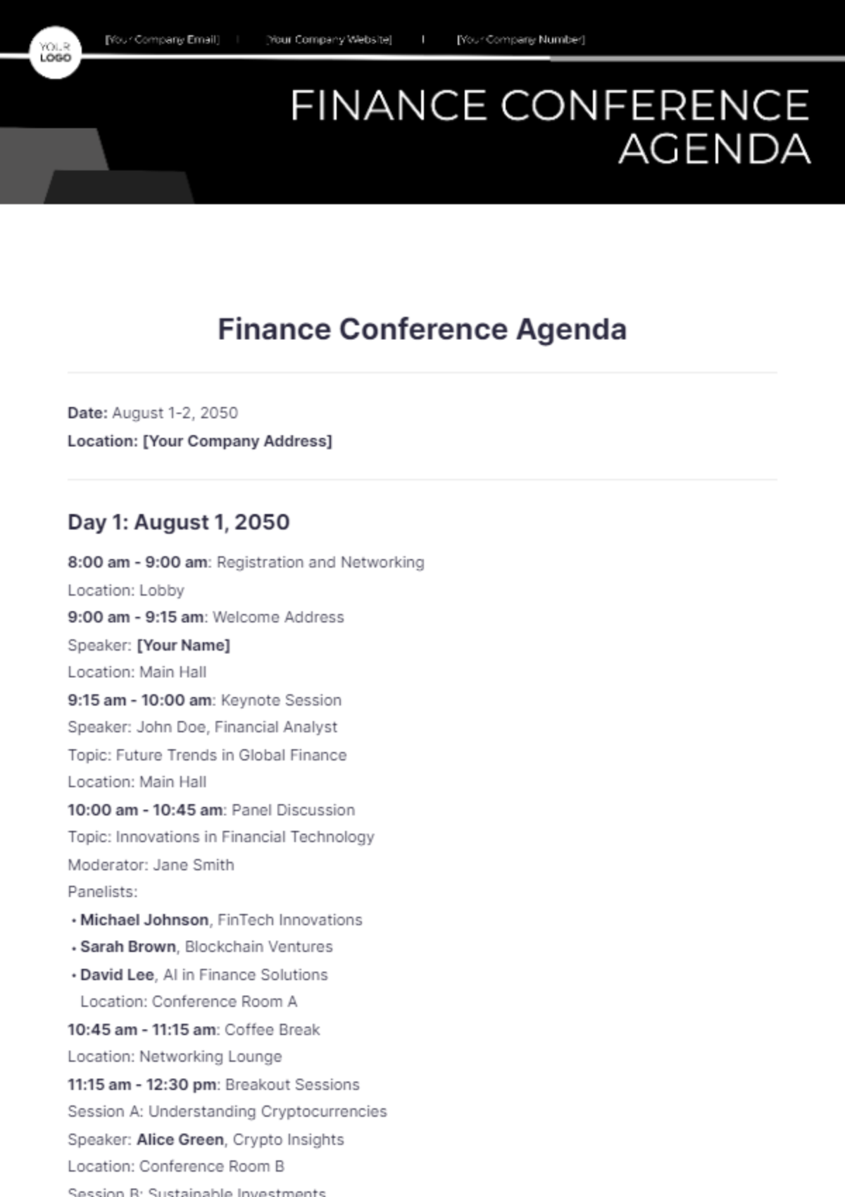 Finance Conference Agenda Template - Edit Online & Download