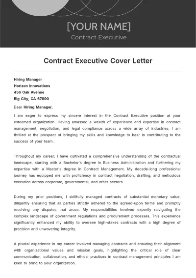 Free Contract Executive Cover Letter to Edit Online