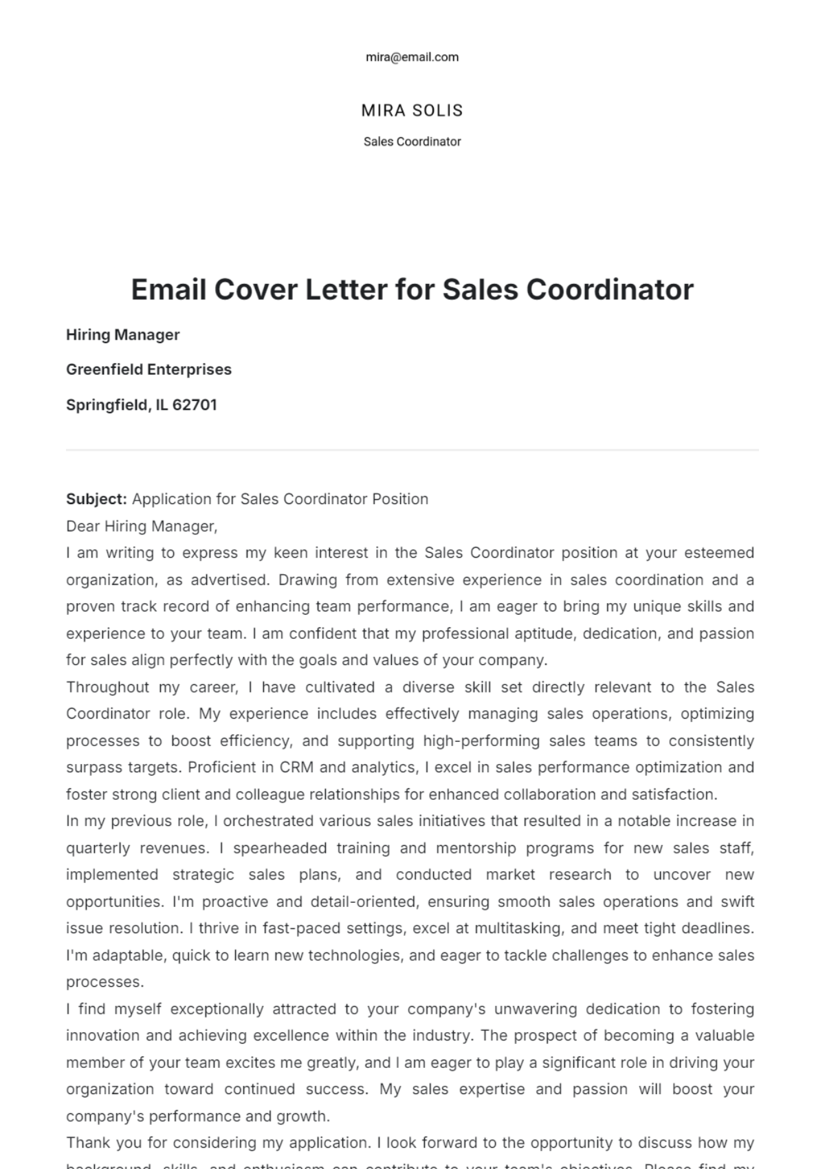 Email Cover Letter for Sales Coordinator - Edit Online & Download