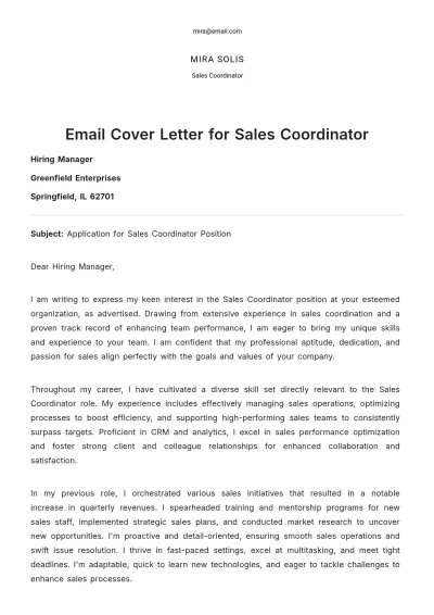 Free Email Cover Letter for Sales Coordinator to Edit Online