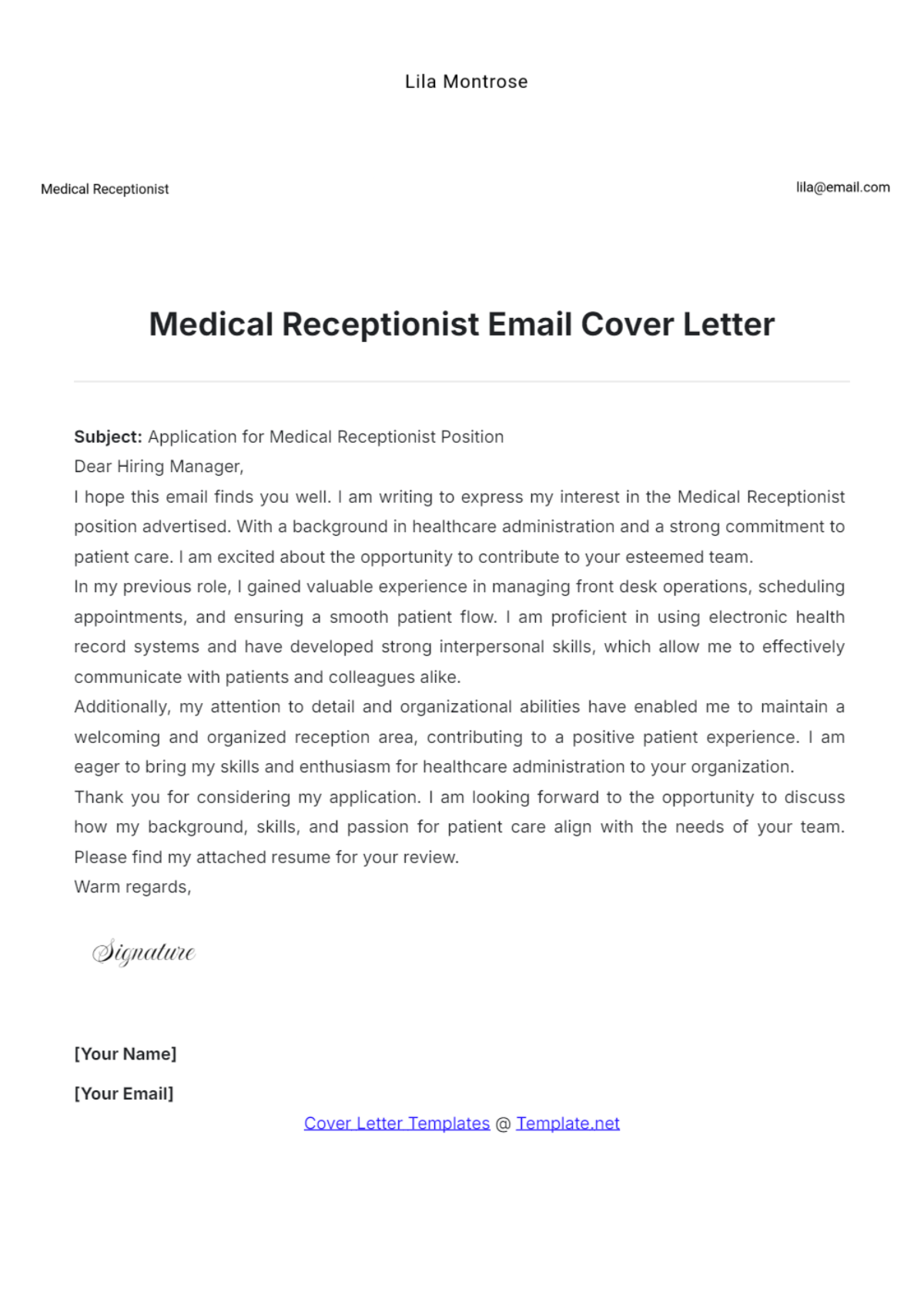 Medical Receptionist Email Cover Letter - Edit Online & Download