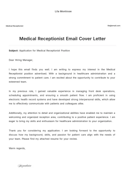Free Medical Receptionist Email Cover Letter to Edit Online