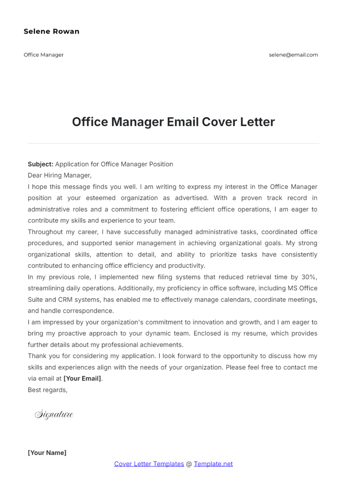 Office Manager Email Cover Letter - Edit Online & Download