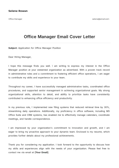 Free Office Manager Email Cover Letter to Edit Online