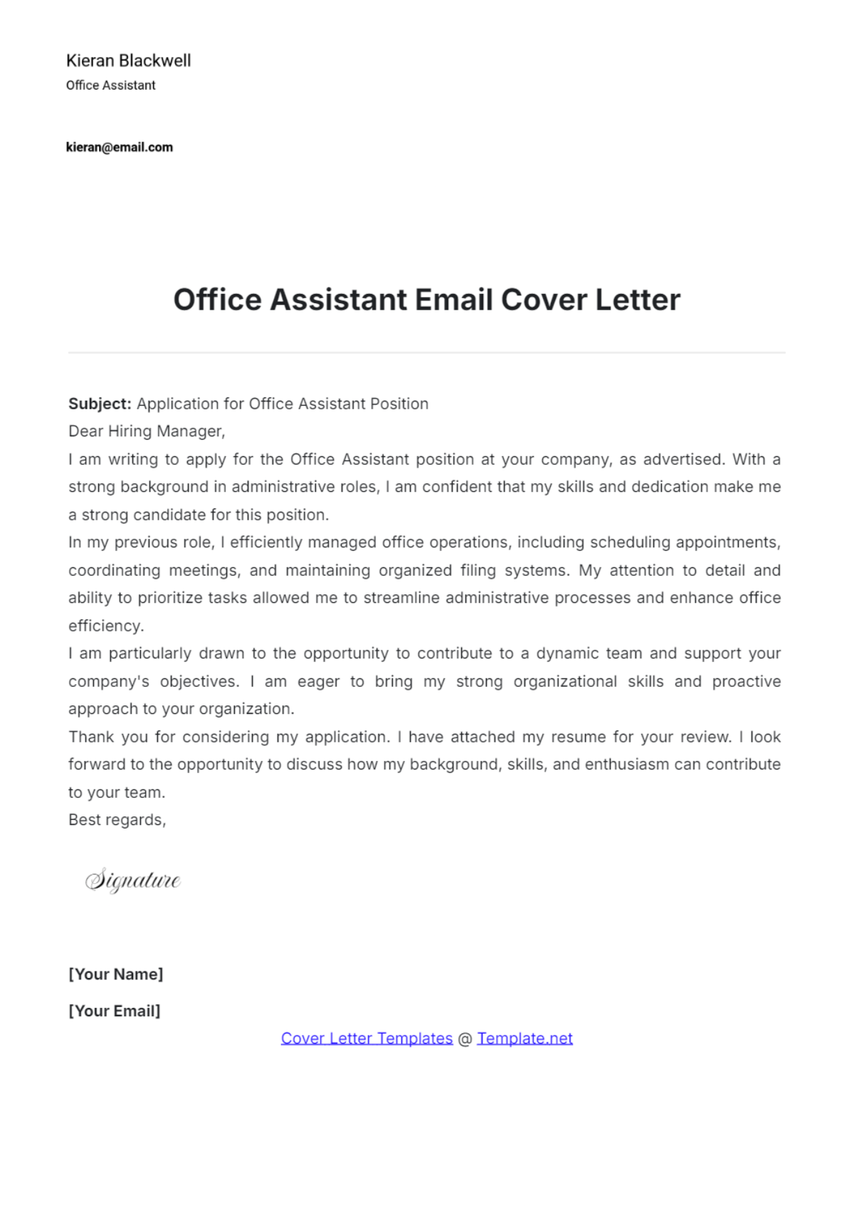 Office Assistant Email Cover Letter - Edit Online & Download