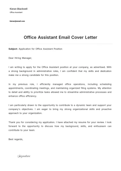 Free Office Assistant Email Cover Letter to Edit Online
