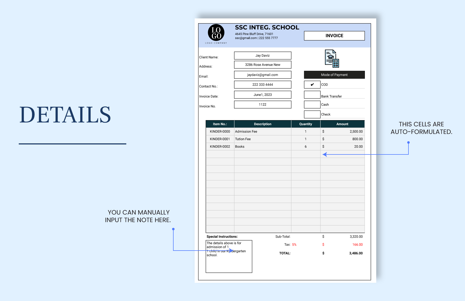 Kindergarten Invoice Template