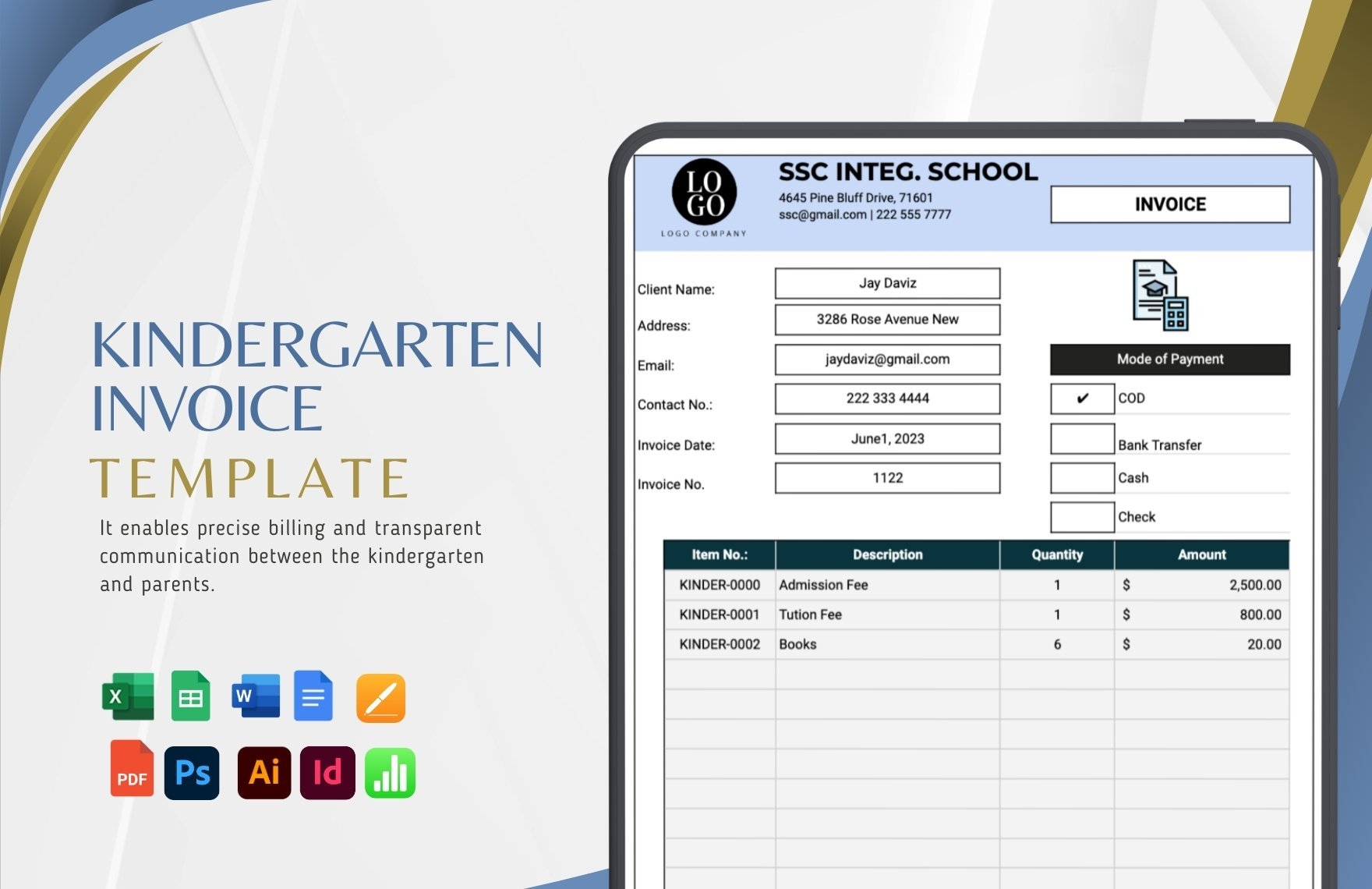 Kindergarten Invoice Template in Word, Google Docs, Excel, Google Sheets, Illustrator, PSD, Apple Pages, InDesign, Apple Numbers