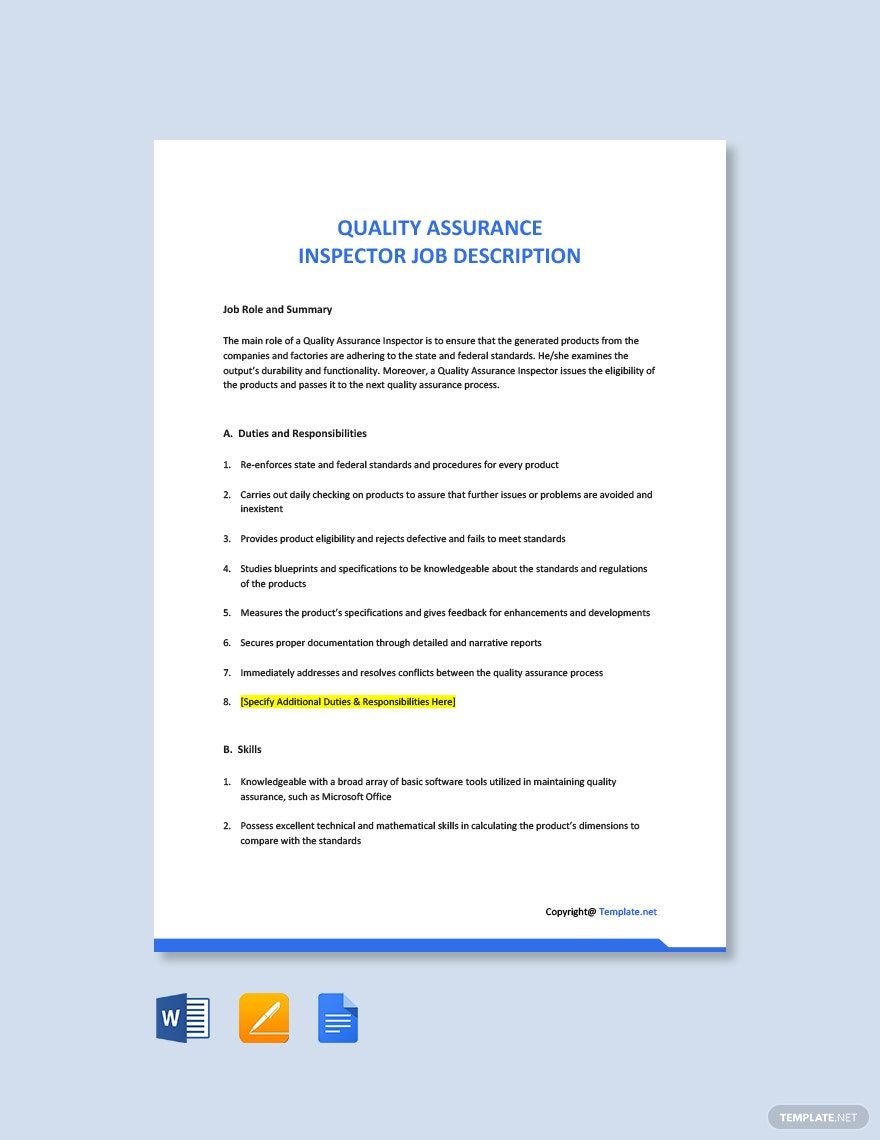 Quality Assurance Inspector Job Description Template