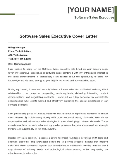 Free Software Sales Executive Cover Letter to Edit Online
