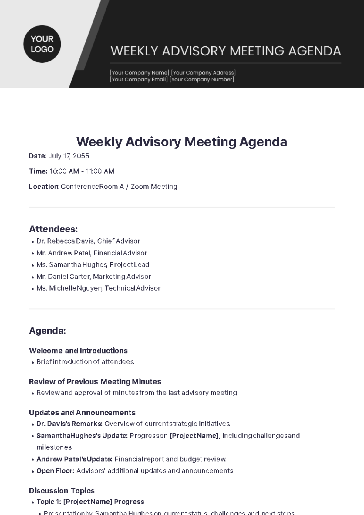 Weekly Advisory Meeting Agenda Template - Edit Online & Download