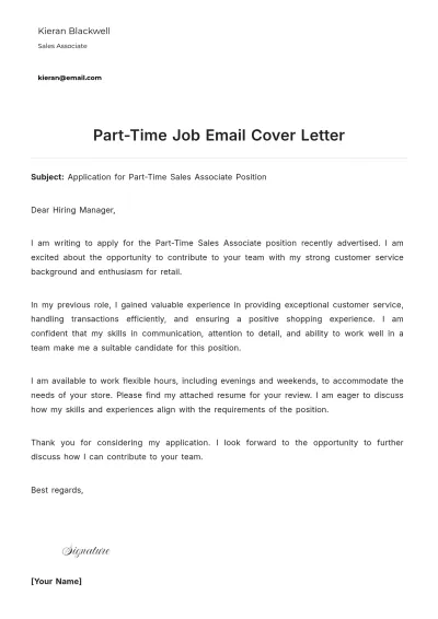Free Part Time Job Email Cover Letter to Edit Online