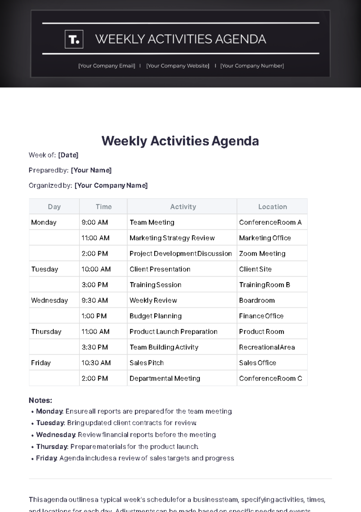 Weekly Activities Agenda Template - Edit Online & Download