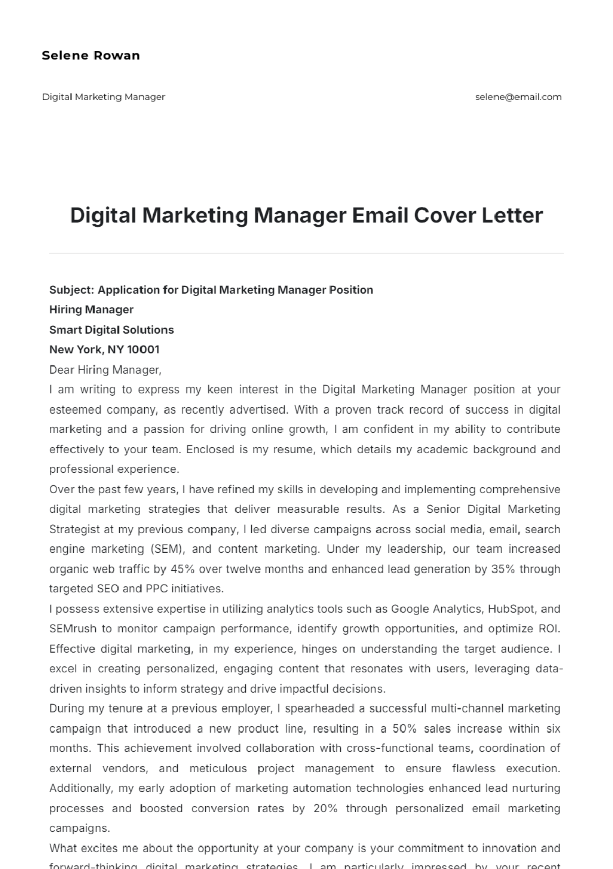 Digital Marketing Manager Email Cover Letter - Edit Online & Download