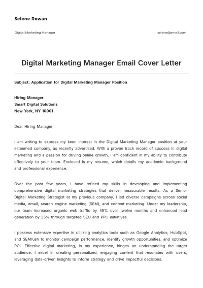 Free Digital Marketing Manager Email Cover Letter to Edit Online