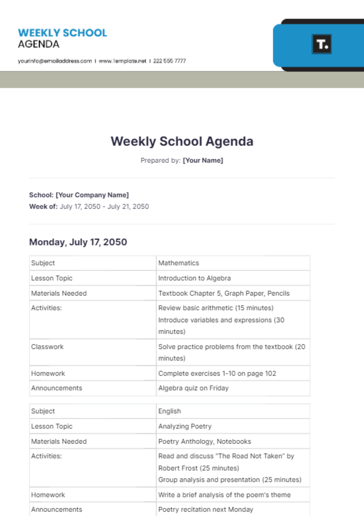 Weekly School Agenda Template - Edit Online & Download