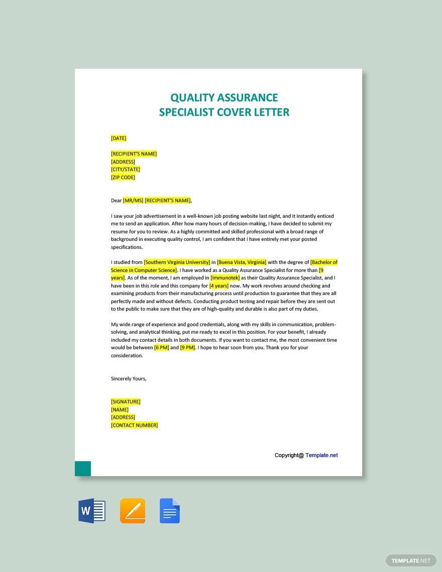 Quality Assurance Specialist Cover Letter