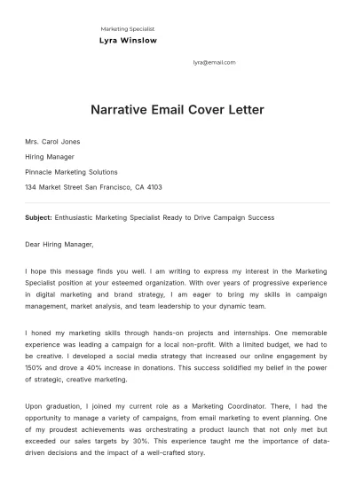 Free Narrative Email Cover Letter to Edit Online