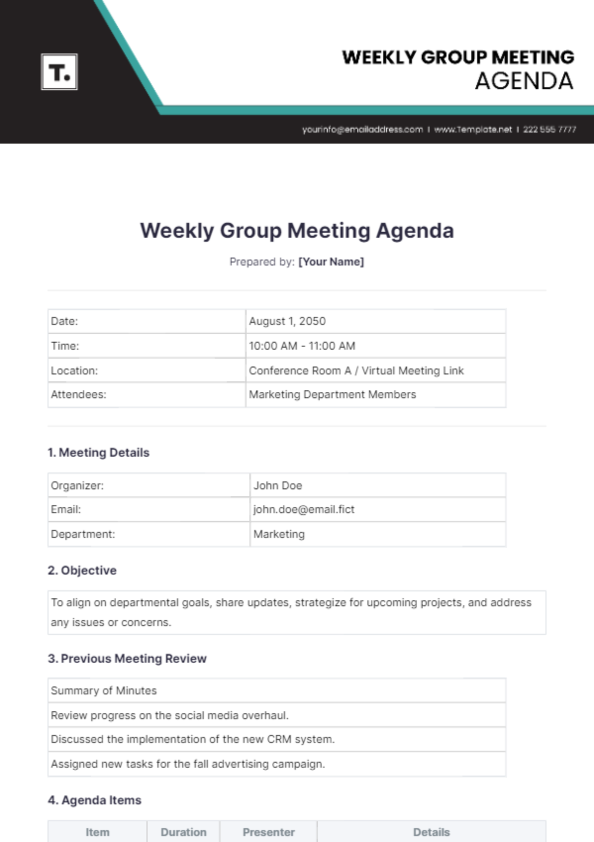 Weekly Group Meeting Agenda Template - Edit Online & Download