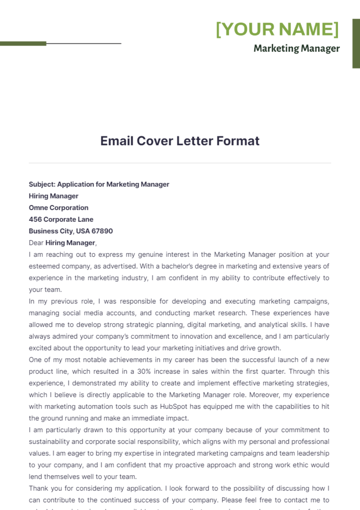 Email Cover Letter Format